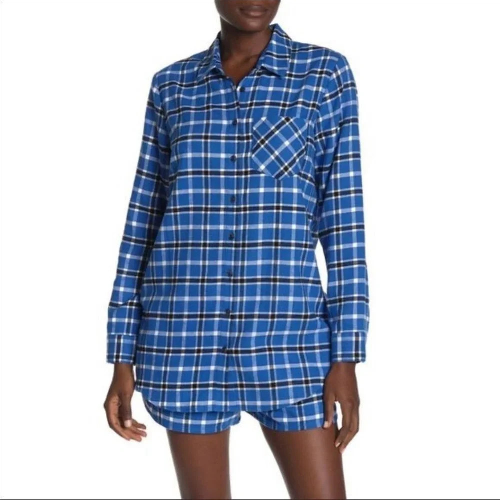 Free Press Blue Plaid Pajama Lounge Shorts Blue Marmara Rose Plaid Medium NWT
